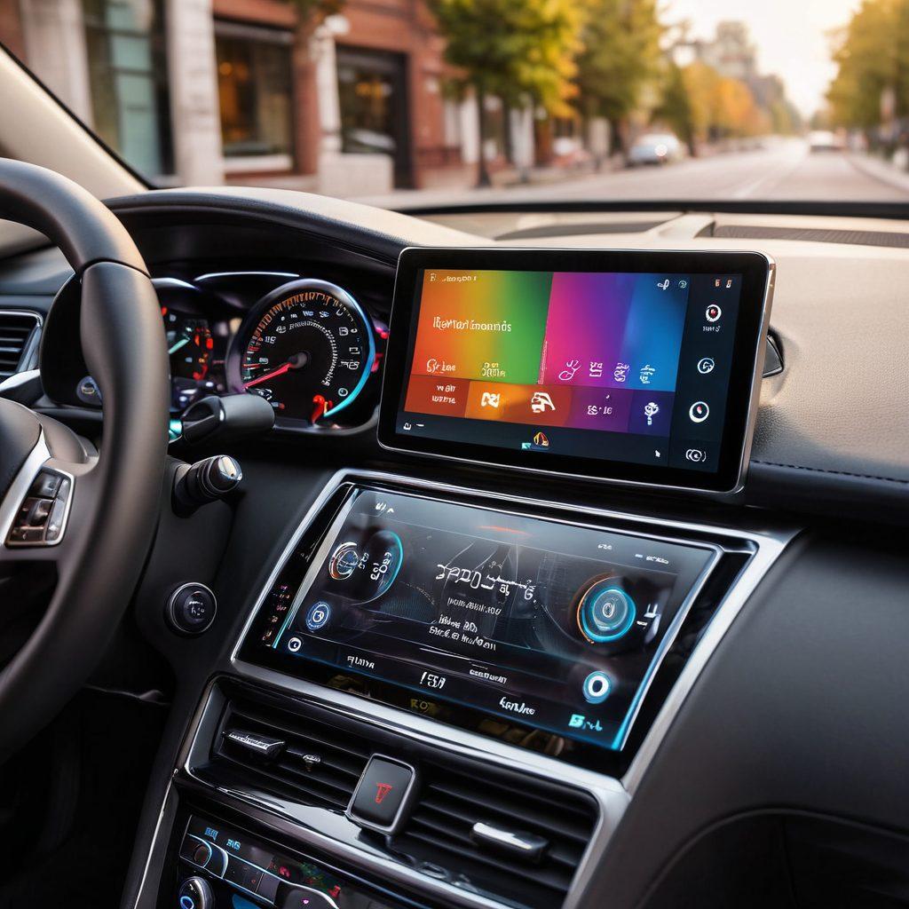 A sleek car dashboard featuring an innovative and colorful digital display, showing vibrant gauges and customizable widgets. In the background, personalized photo frames showcasing joyful moments with family and friends are elegantly displayed on the dashboard. Light reflecting off the car's polished surface, creating a modern and inviting atmosphere. Artistic enhancements in a 3D style with vivid colors and futuristic elements.