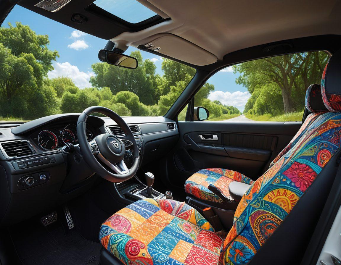A beautifully customized car interior showcasing vibrant and unique personalized decorations, including colorful seat covers, quirky hang tags, and stylish steering wheel covers. The exterior of the car is painted with an artistic mural, reflecting individuality and creativity. Soft, ambient lighting enhances the atmosphere, inviting viewers into this imaginative space. Include a scenic backdrop of an open road. vibrant colors. super-realistic. dynamic perspective.