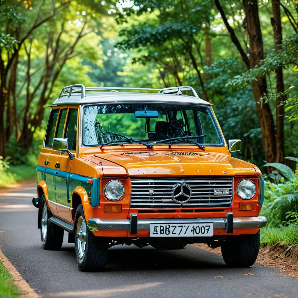 A stylish vehicle adorned with a unique, custom photo frame, showcasing vibrant images of nature and personal memories around the car's exterior. The background features a scenic road with lush greenery, emphasizing adventure and individuality. Soft sunlight filters through, creating a warm atmosphere. Add artistic elements like paint splashes or abstract designs to highlight creativity. super-realistic. vibrant colors. 3D.